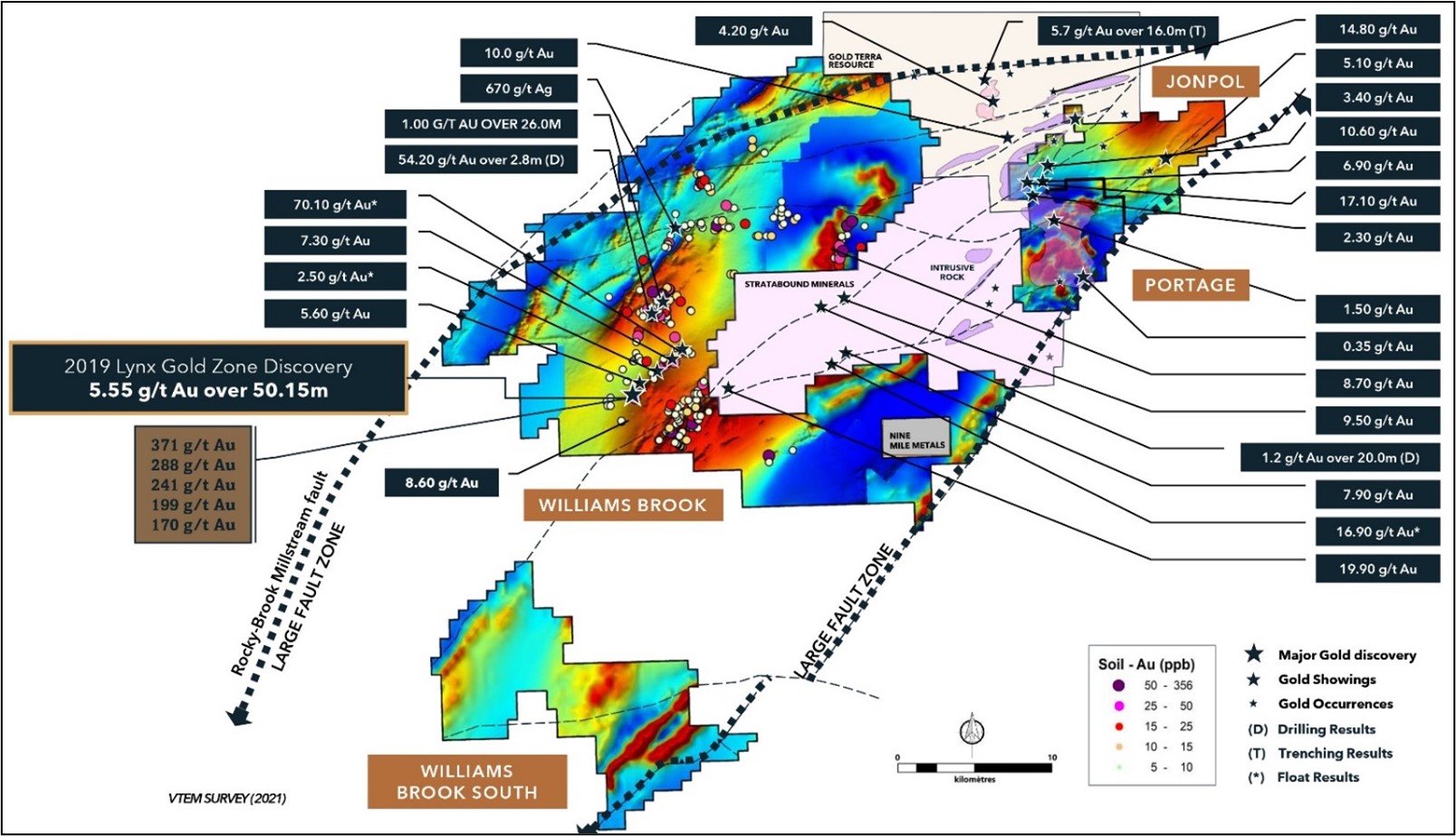 Main gold showings and occurrences at the Williams Brook Gold Project